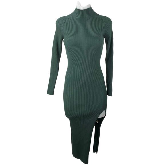 Aritzia Wilfred Green Ribbed Mock Neck Long Sleeve Midi Bodycon Sweater Dress S - Picture 1 of 5